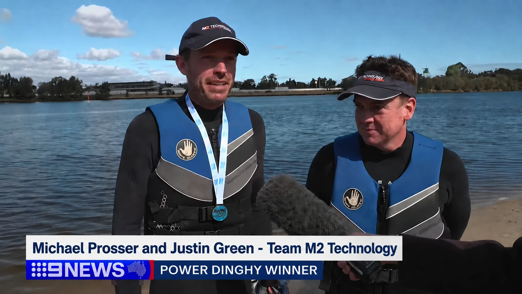 Michael Prosser and Justin Green interviewed by 9 News as power dinghy winners